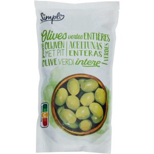 Sachet d'olives vertes entières Simpl de Carrefour, rappelées en raison de la présence de pesticides.