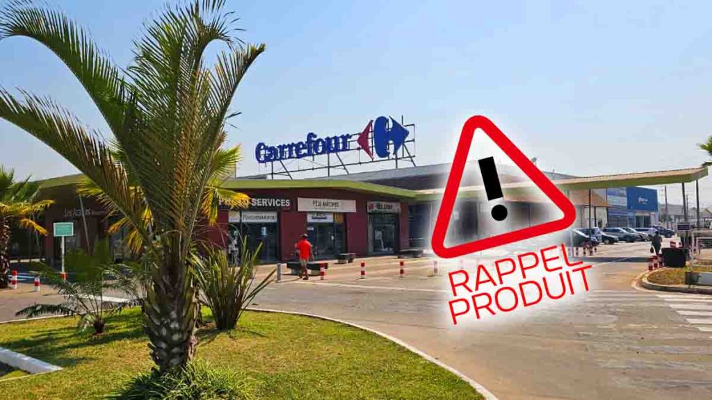 Logo Carrefour avec mention 'Rappel Produit' et symbole d'avertissement, signalant un rappel d'olives vertes entières pour cause de contamination aux pesticides.